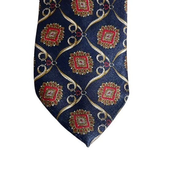 Italian pure silk men's tie blue red patterned 3" wide 56" long - Picture 2 of 5